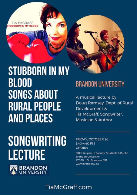 Event poster features a photo of Tia McGraff wearing boxing gloves on the upper left and performing with another musician in the upper right. Both performers are playing guitars. The event title and details are below the photos.