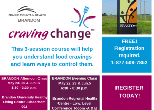 Craving Change poster features a picture of the City of Brandon sign as well as event details