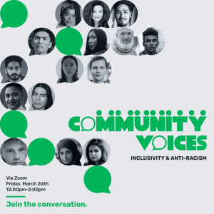 Poster for Community Voices features headshots with speech bubbles. Poster shows time and date of March 26, 2021 from 12 p.m. to 2 p.m.