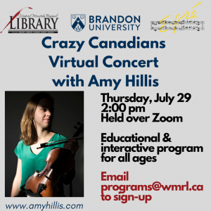 Poster for Crazy Canadians concert features picture of woman, with her face partly in shadows, holding a violin. The poster says the event is educational and interactive for all ages.