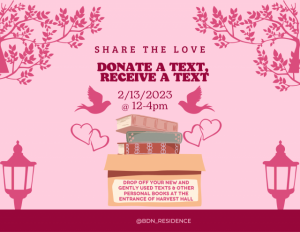 Poster says Share the Love, Donate a Text, Receive a Text on a pink back ground, with images of books, birds and hearts