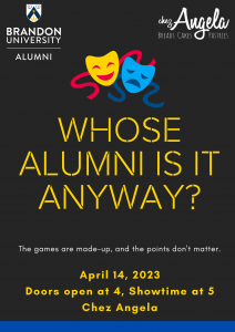 Event poster features comedy and tragedy theatre masks with the event title, "Whose Alumni is it Anyway?"