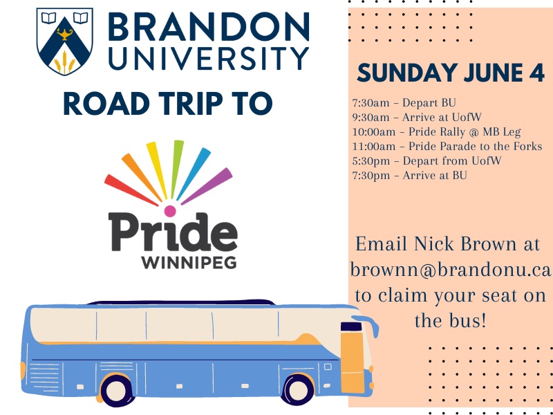 Poster image of a bus with the Brandon University and Pride Winnipeg logos
