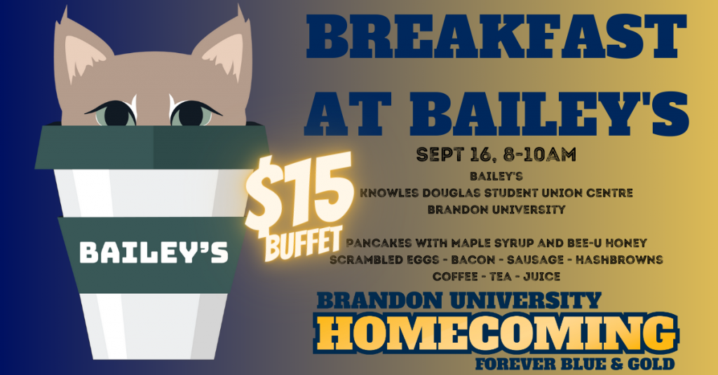 Breakfast at Bailey's poster features ain image of a bobcat head looking out of a Bailey's cup