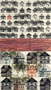A mostly black and white illustration of many houses, with a large red band running through the centre of the piece.