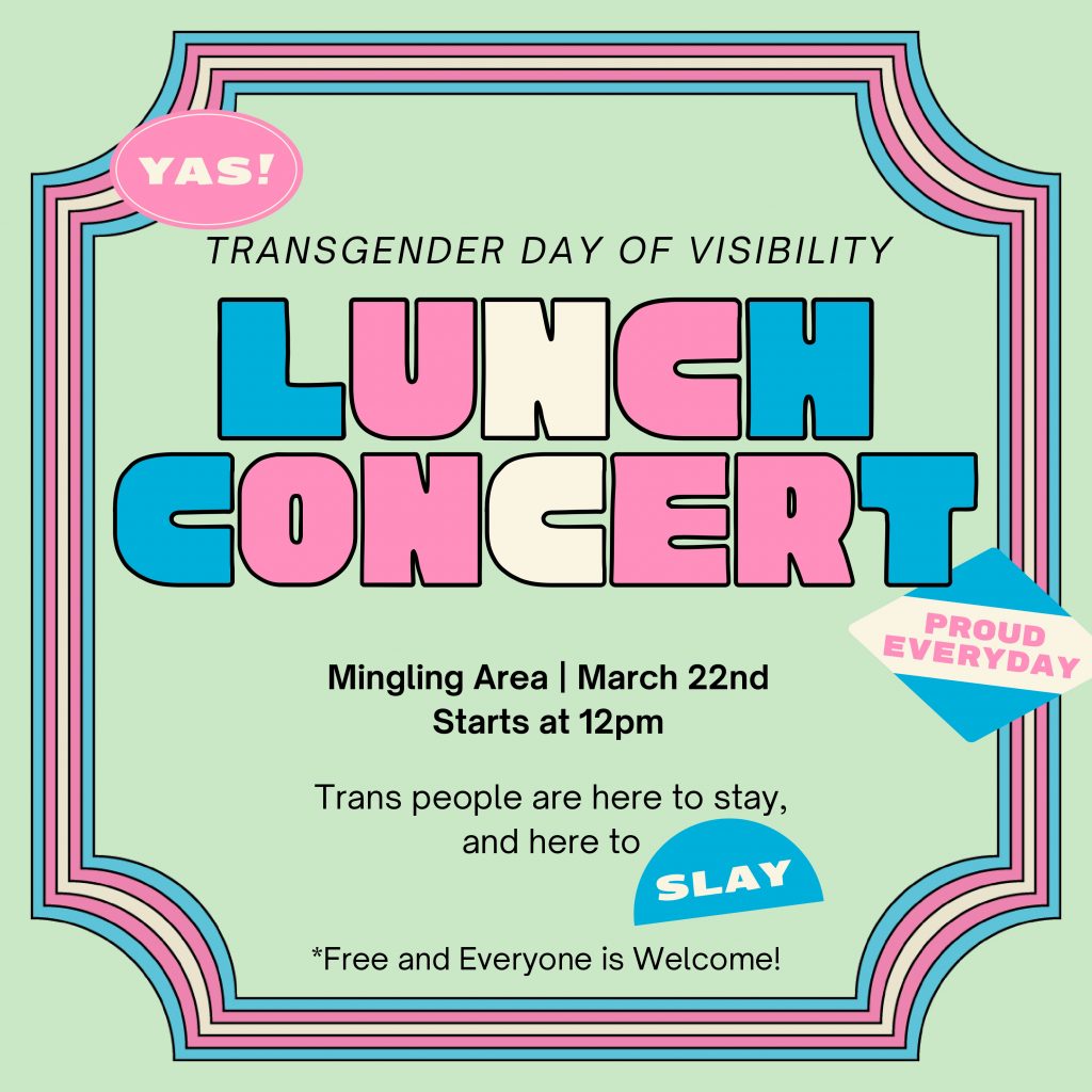 Event poster features words "Lunch Concert" in blue, pink and white on a green background