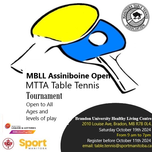 Poster has an image of a blue table tennis paddle and a yellow paddle with a ball