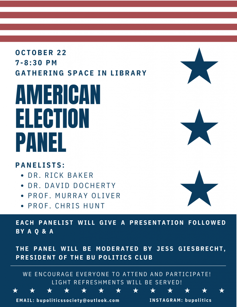 Event poster features red stripes across the top, with blue stars down the right side