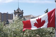The Canadian flag flies in front of the BU campus.
