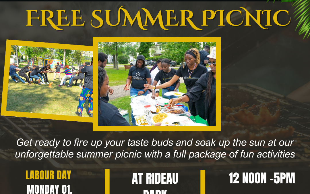 Poster for the LOY EXCELLENTIA INITIATIVE free summer picnic. It promotes MENTORSHIP | EMPOWERMENT I EXCELLENCE Get ready to fire up your taste buds and soak up the sun at our unforgettable summer picnic with a full package of fun activities LABOUR DAY MONDAY 01, SEPTEMBER 2025 AT RIDEAU PARK 12 NOON -5PM Visit Our Website www.loyexcellentia.org contact@loyexcellentia.org