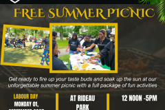 Poster for the LOY EXCELLENTIA INITIATIVE free summer picnic. It promotes MENTORSHIP | EMPOWERMENT I EXCELLENCE Get ready to fire up your taste buds and soak up the sun at our unforgettable summer picnic with a full package of fun activities LABOUR DAY MONDAY 01, SEPTEMBER 2025 AT RIDEAU PARK 12 NOON -5PM Visit Our Website www.loyexcellentia.org contact@loyexcellentia.org