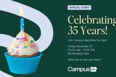 Poster featuring a cupcake that says "Celebrating 35 years"