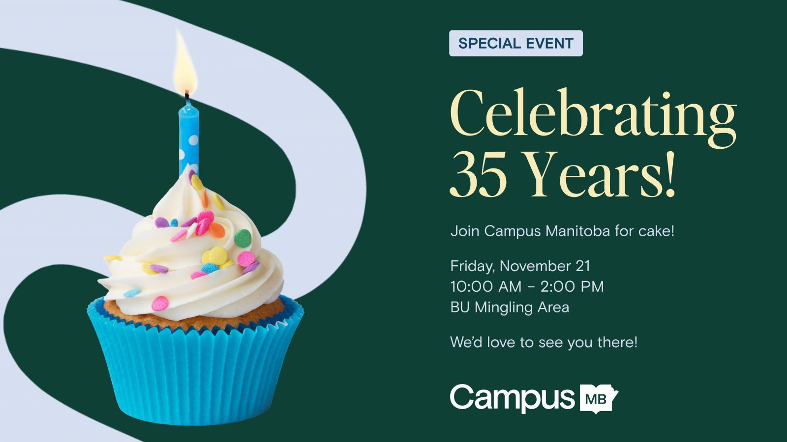 Poster featuring a cupcake that says "Celebrating 35 years"