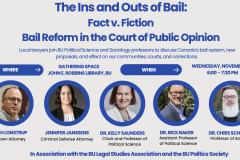 Poster for a panel discussion called "The Ins and Outs of Bail Reform" featuring photos of the five panellists.