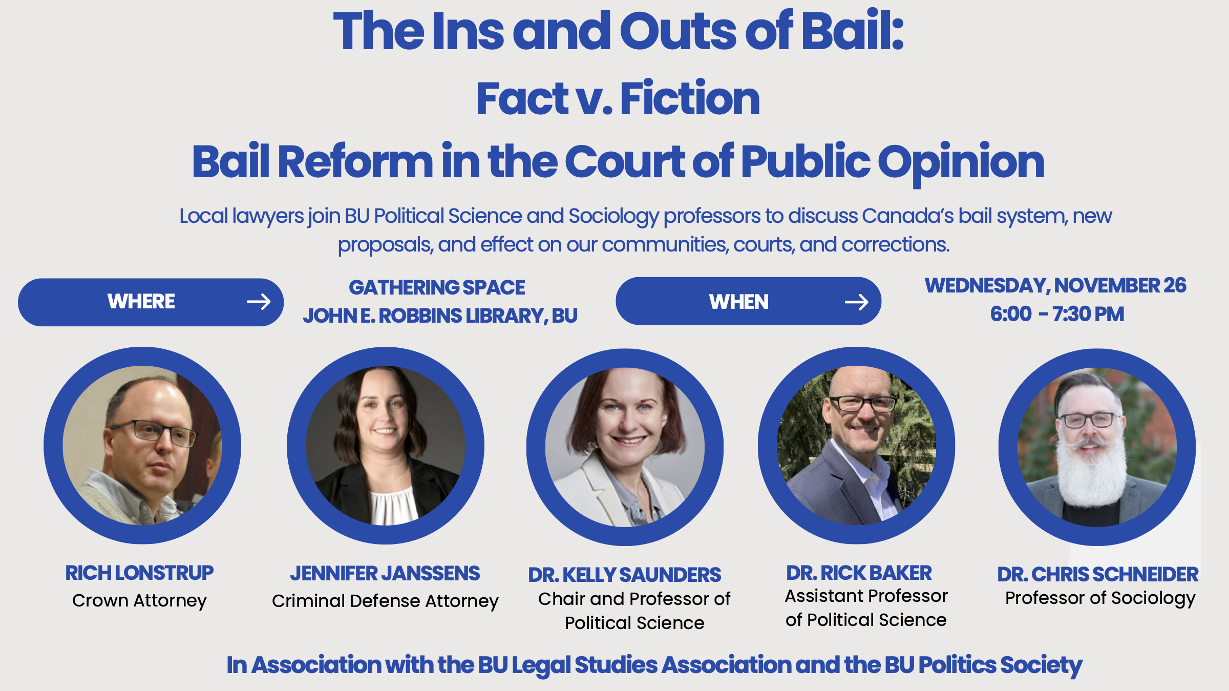 Poster for a panel discussion called "The Ins and Outs of Bail Reform" featuring photos of the five panellists.