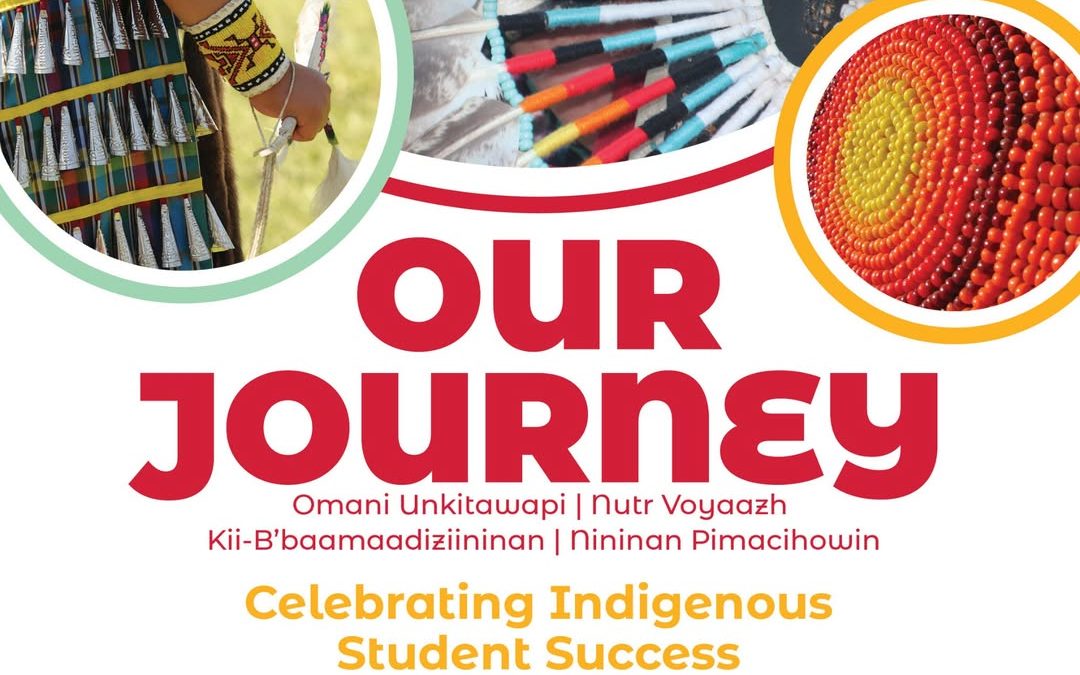 Event poster features a closeup photos of orange, yellow and red beadwork, beaded feathers and a jingle dress