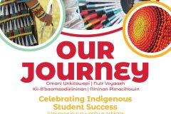 Event poster features a closeup photos of orange, yellow and red beadwork, beaded feathers and a jingle dress