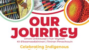 Event poster features a closeup photos of orange, yellow and red beadwork, beaded feathers and a jingle dress