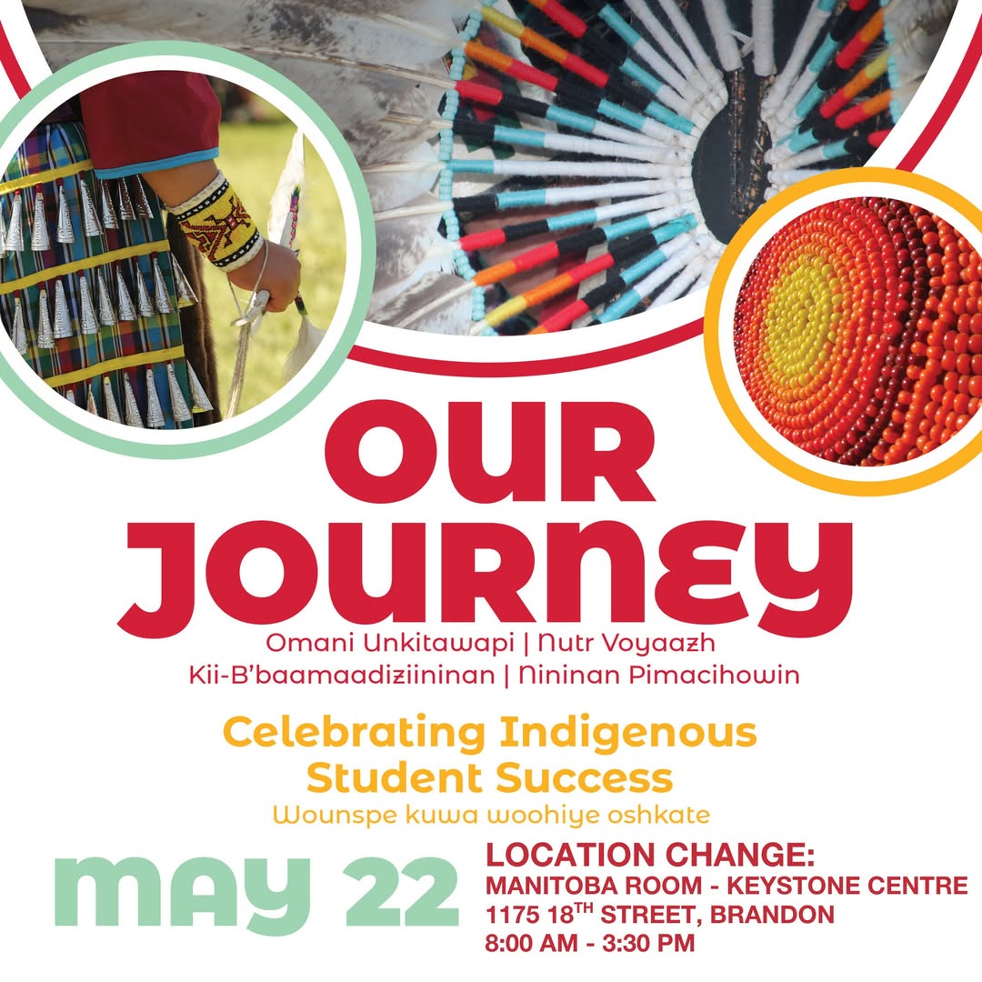 Event poster features a closeup photos of orange, yellow and red beadwork, beaded feathers and a jingle dress