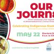 Event poster features a closeup photos of orange, yellow and red beadwork, beaded feathers and a jingle dress