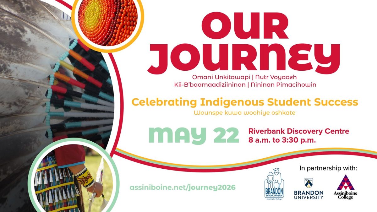 Event poster features a closeup photos of orange, yellow and red beadwork, beaded feathers and a jingle dress