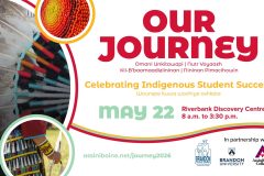 Event poster features a closeup photos of orange, yellow and red beadwork, beaded feathers and a jingle dress