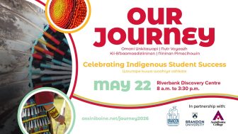 Event poster features a closeup photos of orange, yellow and red beadwork, beaded feathers and a jingle dress