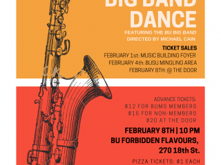 Poster for the Big Band Dance features a saxophone on a multi-hued orange background