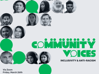 Poster for Community Voices features headshots with speech bubbles. Poster shows time and date of March 26, 2021 from 12 p.m. to 2 p.m.