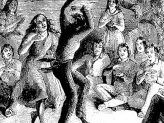 An illustration of people dancing as others clap and fiddle