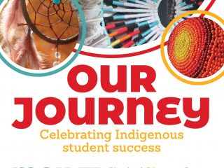 Our Journey poster features images of a dream catcher, a headdress and beads