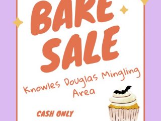 Poster with a drawing of a cupcake. Poster advertises a bake sale from 1–5 p.m.