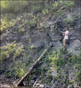 A man points toward a layer in a rock wall with a stick
