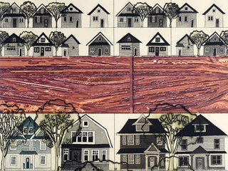 A mostly black and white illustration of many houses, with a large red band running through the centre of the piece.