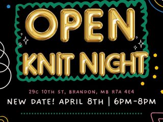 Black graphic with gold balloon letters that say "Open Knit Night"