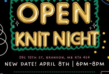 Black graphic with gold balloon letters that say "Open Knit Night"