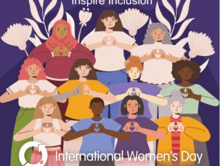 Illustration of several people standing in front of a purple background, holding their hands together to make a heart symbol. "Inspire Inclusion" is written at the top of the image