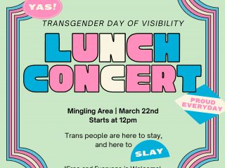 Event poster features words "Lunch Concert" in blue, pink and white on a green background